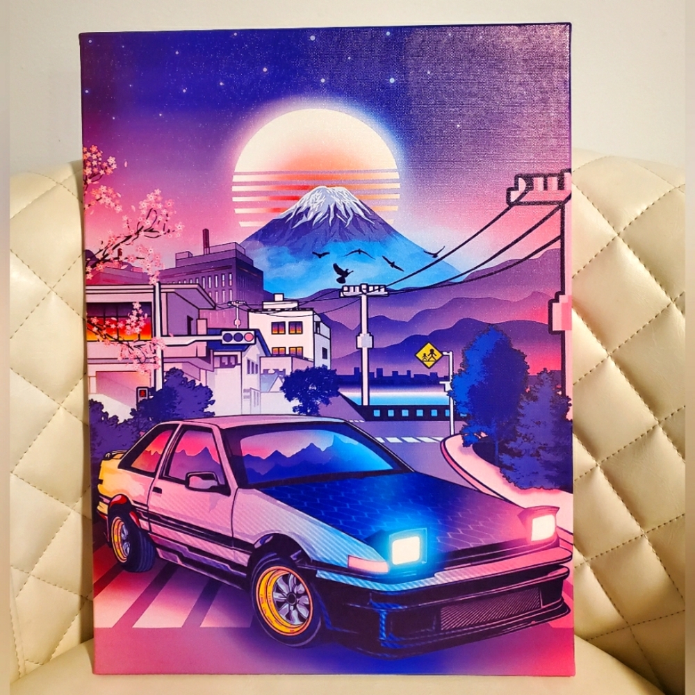 AE86 Cyberpunk Canvas Artwork 🌸 Vibrant Wall Decor with Hanging Kit